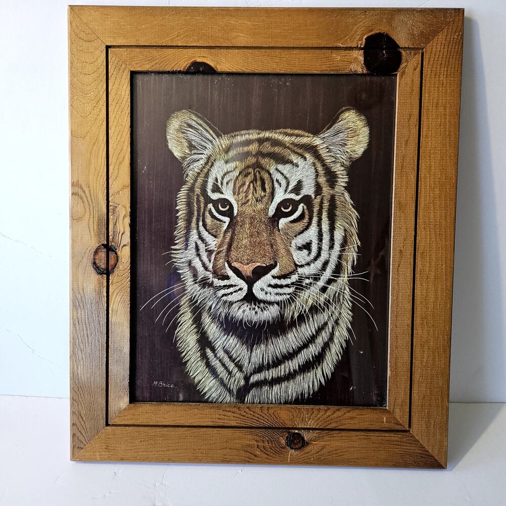 Vintage M. Brice Tiger Scratchboard -Rustic Pine Framed Wildlife Portrait-1970s